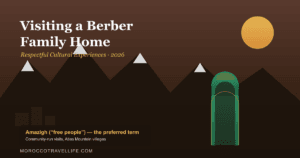 Visiting a Berber Family Home title card over a High Atlas mountain gradient, with a keyhole doorway and terraced village motif representing Amazigh homestay culture.