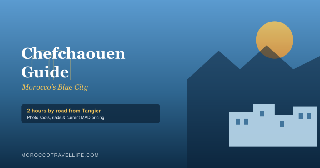 Chefchaouen Travel Guide cover image of a blue-washed medina alleyway in Morocco's Blue City