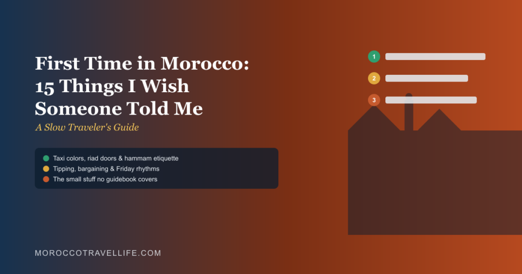 First time in Morocco tips title card showing a numbered checklist over a medina rooftop silhouette.