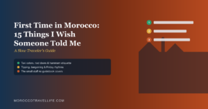 First time in Morocco tips title card showing a numbered checklist over a medina rooftop silhouette.