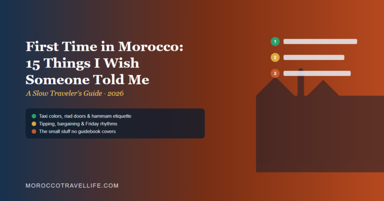 First time in Morocco tips title card showing a numbered checklist over a medina rooftop silhouette.