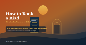 How to Book a Riad title card over a terracotta-to-navy gradient, with a smartphone showing a booking screen on the left facing a riad door with a gold keyhole arch on the right.