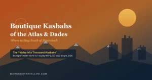 Best Boutique Kasbahs in the Atlas Mountains and Dades Valley title card over a terracotta-to-navy gradient, with a stepped kasbah tower silhouette against mountain peaks and a keyhole arch.