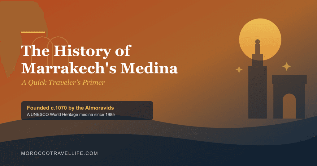 Marrakech medina history title card, with a keyhole arch, a rampart gate, and the Koutoubia minaret in silhouette over a terracotta-to-navy gradient.