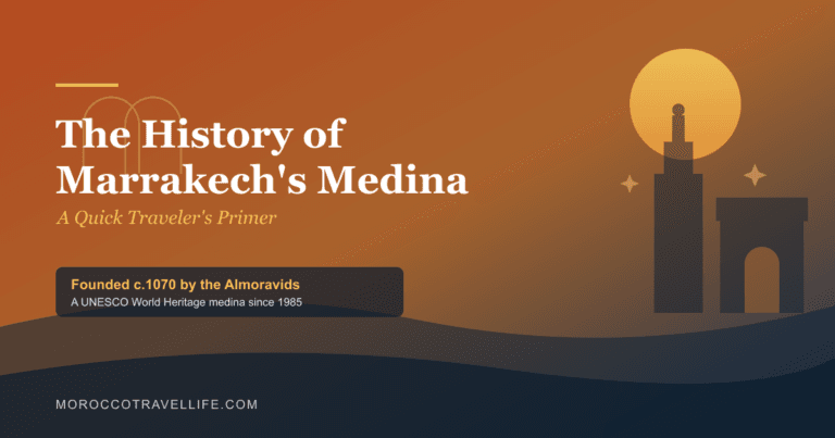 Marrakech medina history title card, with a keyhole arch, a rampart gate, and the Koutoubia minaret in silhouette over a terracotta-to-navy gradient.