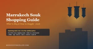 Marrakech Souk Shopping Guide title card over a terracotta medina gradient with a hanging lantern and keyhole arch motif.