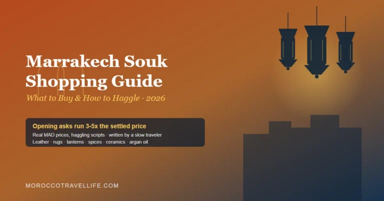 Marrakech Souk Shopping Guide title card over a terracotta medina gradient with a hanging lantern and keyhole arch motif.