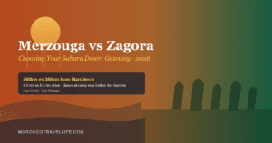 Merzouga vs Zagora title card split between rust-toned desert dunes and green oasis palms