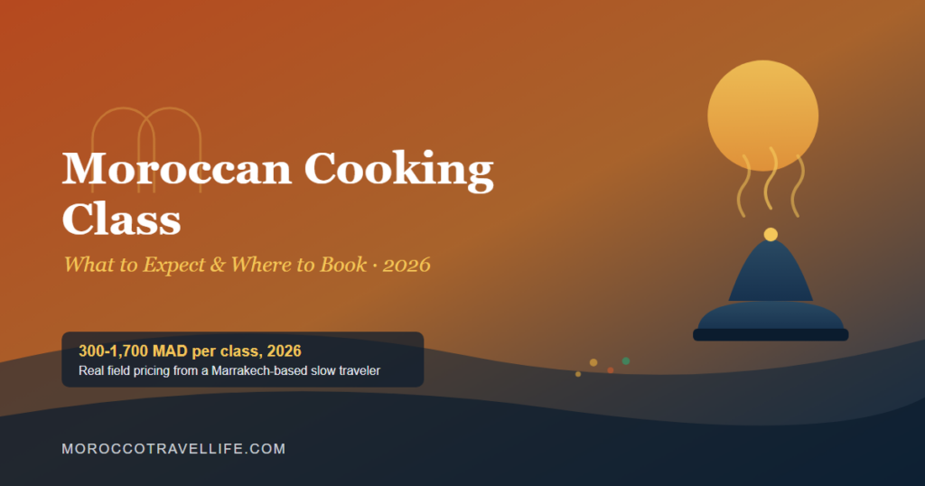 Moroccan Cooking Class title card over a terracotta gradient with a steaming tagine silhouette and a keyhole arch motif.