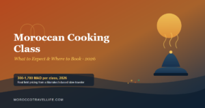Moroccan Cooking Class title card over a terracotta gradient with a steaming tagine silhouette and a keyhole arch motif.