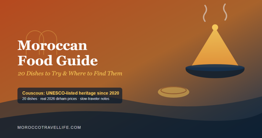 Moroccan Food Guide title card over a terracotta-to-navy gradient, with a steaming tagine and round khobz loaf motif framed by a keyhole arch.