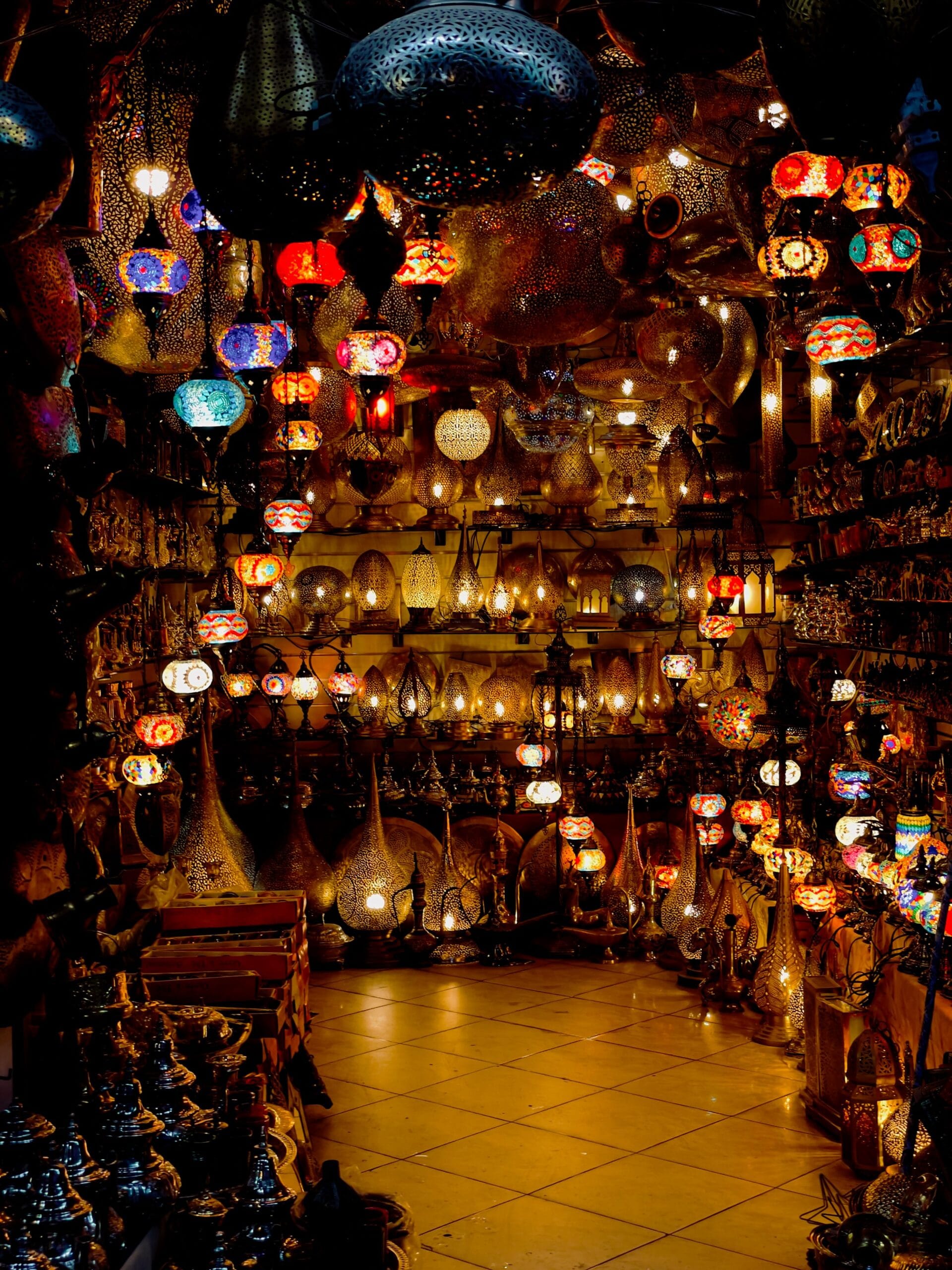 Brass lanterns glowing in a Marrakech souk stall