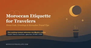 Morocco etiquette guide title card over a terracotta-to-navy gradient, with a mint tea glass and crescent moon motif framed by a keyhole arch.