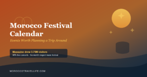 Morocco festivals calendar title card over a terracotta-to-navy gradient with a drum, star-lantern, and rose-bloom motif for Gnaoua, Mawazine, and the Rose Festival.