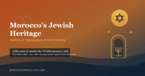 Morocco's Jewish Heritage title card over a terracotta-to-navy gradient, with a keyhole-arch synagogue doorway, a seven-branch menorah, and a Star of David motif.