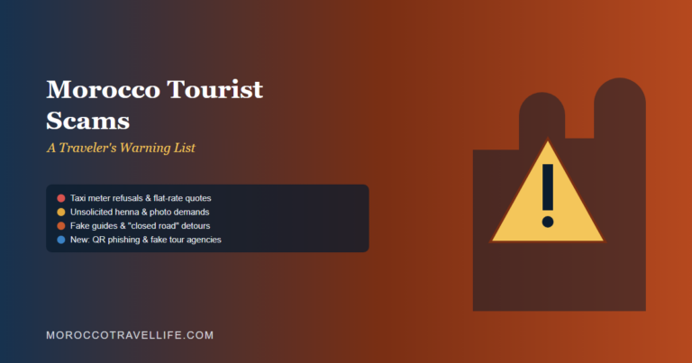 Morocco tourist scams warning list title card showing a caution icon over a medina alley silhouette.