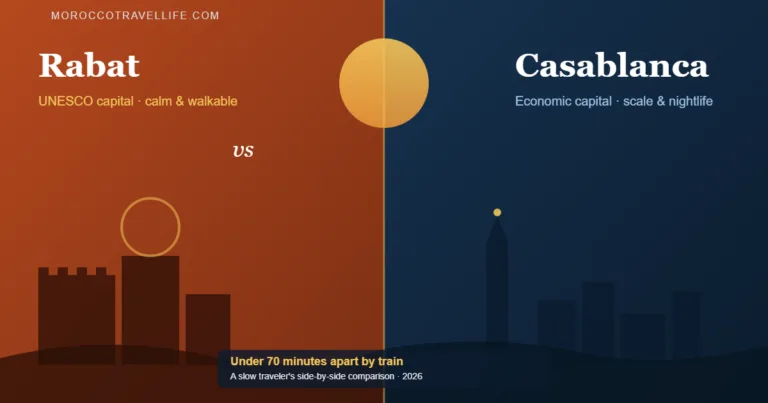 Rabat vs Casablanca title card split between a kasbah and a mosque minaret skyline