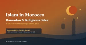 Morocco during Ramadan guide title card: Islam in Morocco over a terracotta-to-navy gradient, with a crescent moon, minaret, and lantern framed by a keyhole arch.