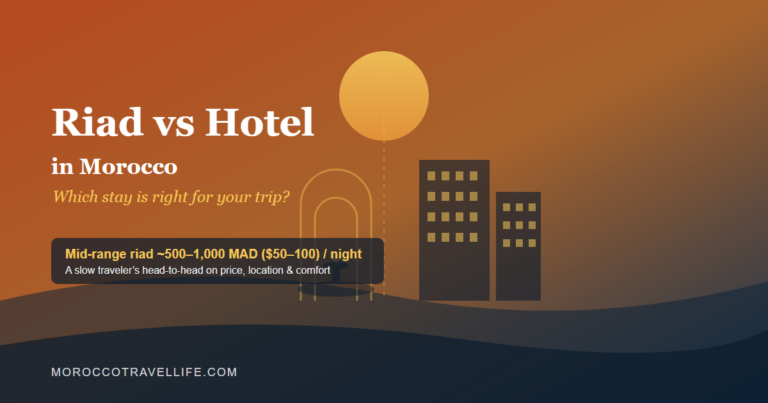 Riad vs Hotel Morocco title card over a terracotta-to-navy gradient, with a riad keyhole arch and courtyard fountain on the left facing a modern hotel tower silhouette on the right.