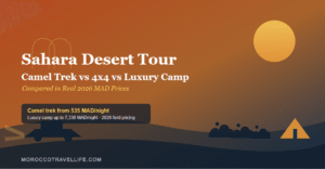 Sahara Desert Tour Morocco title card over a rust-and-navy dune gradient, showing a camel caravan silhouette, 4x4 headlight beams, and a luxury tent icon representing the three tour types compared.