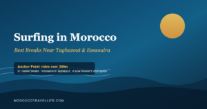Surfing Morocco title card over a deep Atlantic blue-teal gradient, showing a wave-line motif and the Taghazout-to-Essaouira coastline.