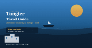 Tangier Travel Guide title card showing the ferry crossing from Spain to Morocco's gateway city