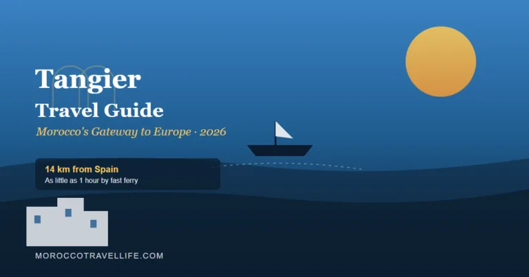 Tangier Travel Guide title card showing the ferry crossing from Spain to Morocco's gateway city