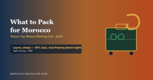What to Pack for Morocco title card showing a packed suitcase with a scarf, sunglasses, and layered clothing.