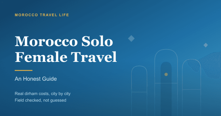 Morocco Solo Female Travel title card over a Chefchaouen-blue gradient with a medina lane and lone-traveler motif.