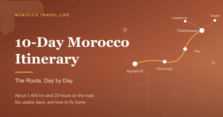 10-Day Morocco Itinerary title card over a terracotta gradient with a route line running from Marrakech through Merzouga and Fes to Chefchaouen, forking to Tangier and Casablanca.