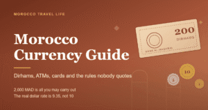 Morocco currency guide title card over a terracotta gradient with a stylised dirham note and coins, and the line 2,000 MAD is all you may carry out.