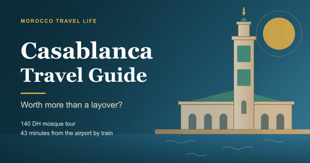 Casablanca travel guide cover: the Hassan II Mosque minaret above the Atlantic seawall, with the line 140 DH mosque tour.