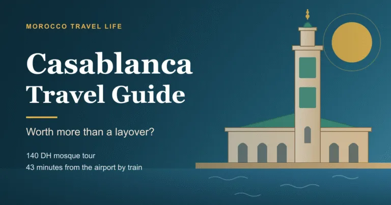 Casablanca travel guide cover: the Hassan II Mosque minaret above the Atlantic seawall, with the line 140 DH mosque tour.